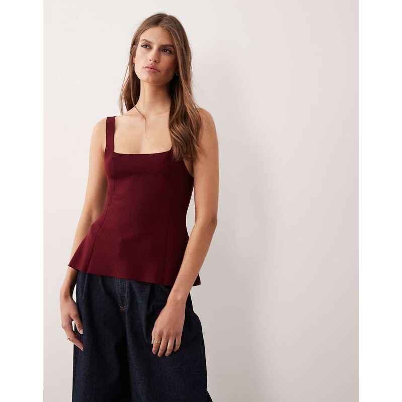 Mango compact knit square neck peplum top in dark red