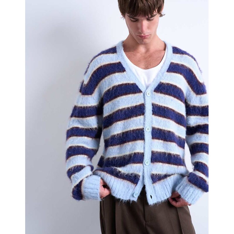 Topman oversized fit fluffy knitted stripe cardigan in blue