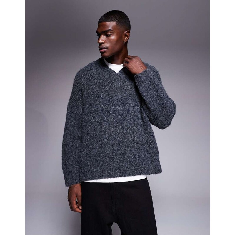 ASOS DESIGN super oversized knitted v-neck jumper in charcoal