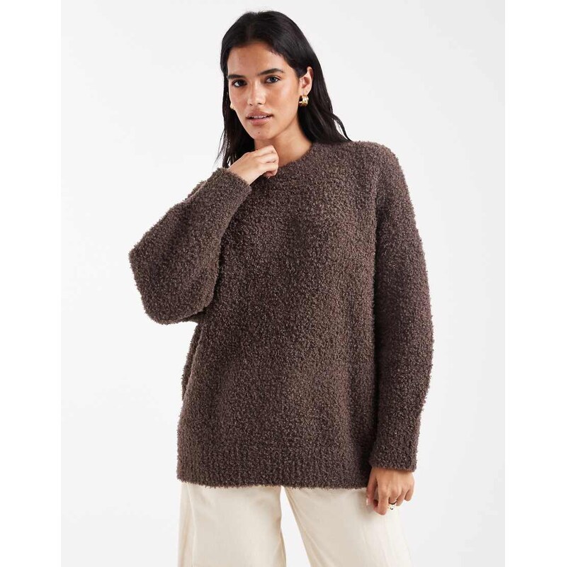 ASOS DESIGN oversized boucle jumper with curved hem in chocolate