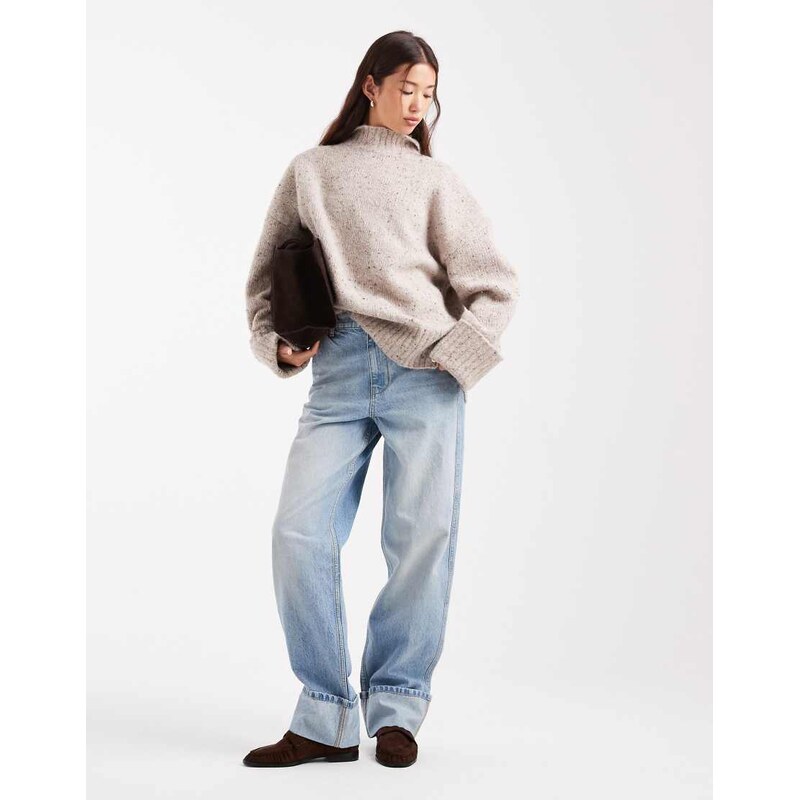 ASOS DESIGN knitted longline funnel neck jumper in multiply oatmeal 108517473