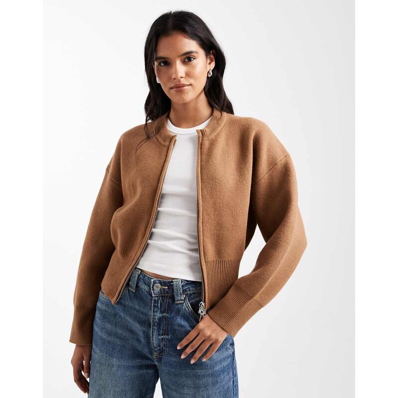 ASOS DESIGN knitted clean zip through jumper in toffee-Brown 109788703