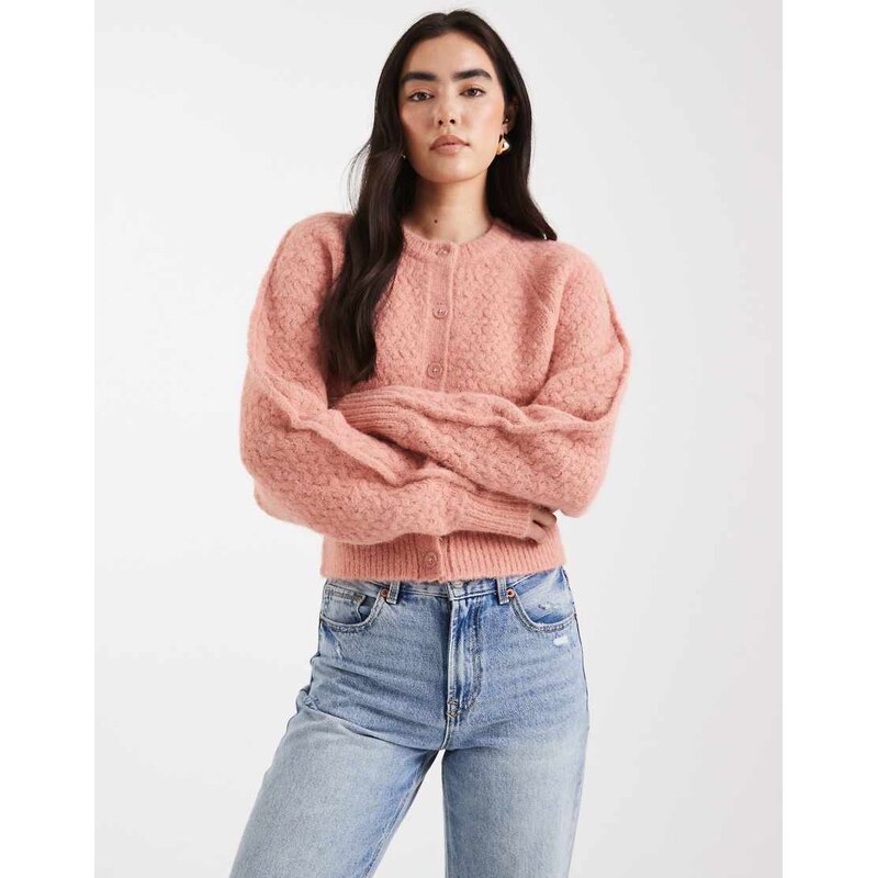 ASOS DESIGN crew neck cardigan with stitch detail in light pink