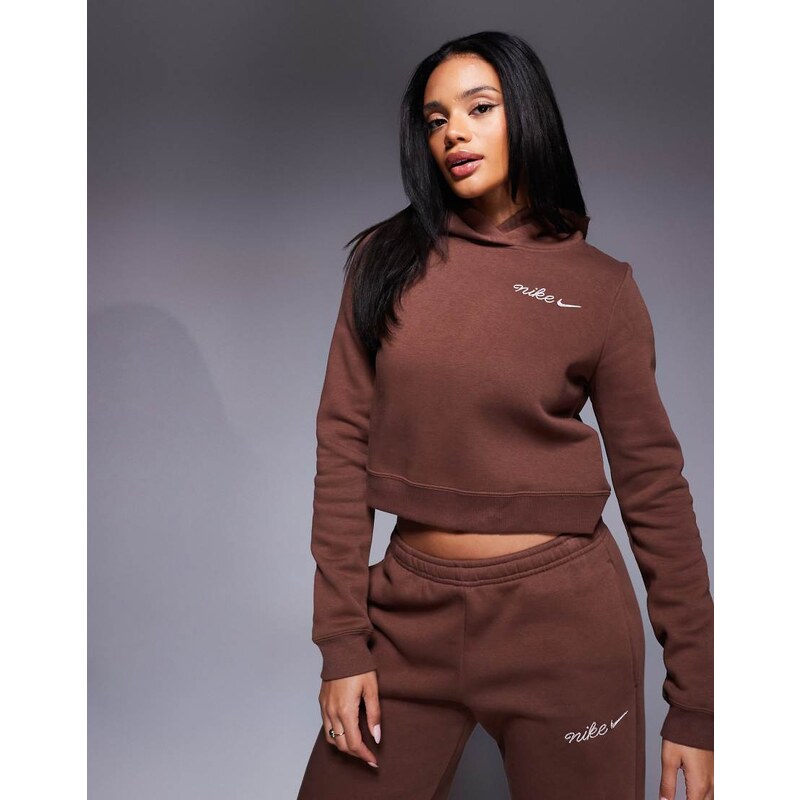 Nike embroidered logo cropped hoodie in brown