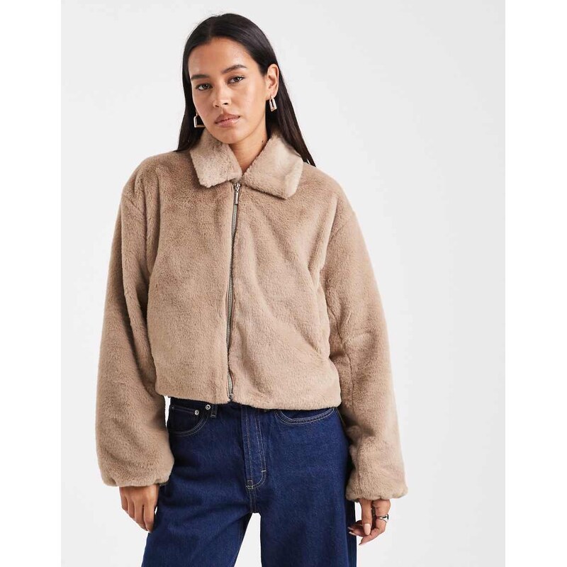 ONLY zip through faux fur jacket in beige-Neutral