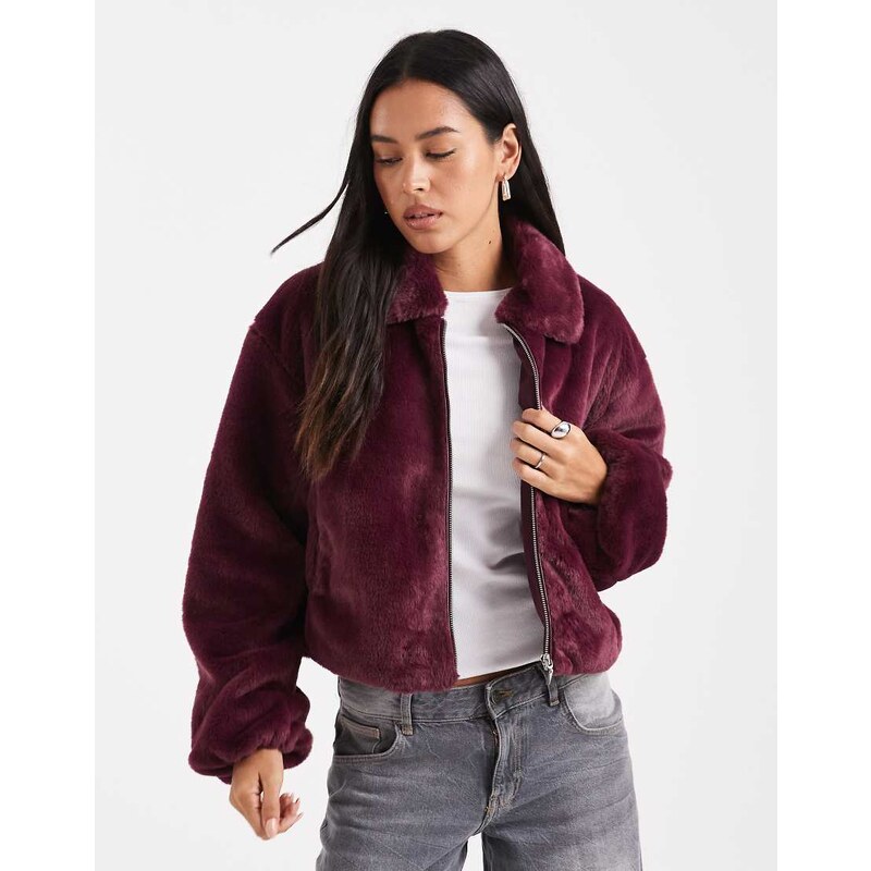 ONLY zip through faux fur jacket in burgundy-Red