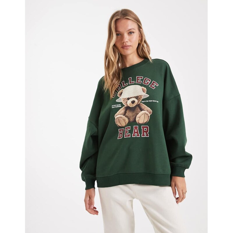 ONLY oversized sweatshirt with teddy bear print in dark green 108517537