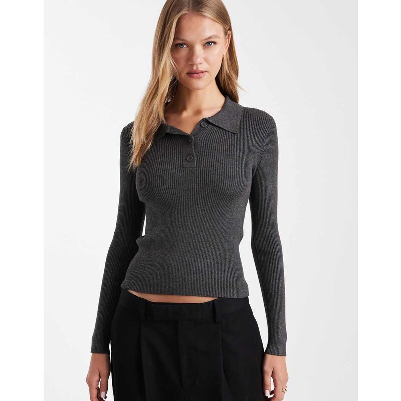 Vero Moda long sleeve knitted polo shirt in dark grey melange 108517583