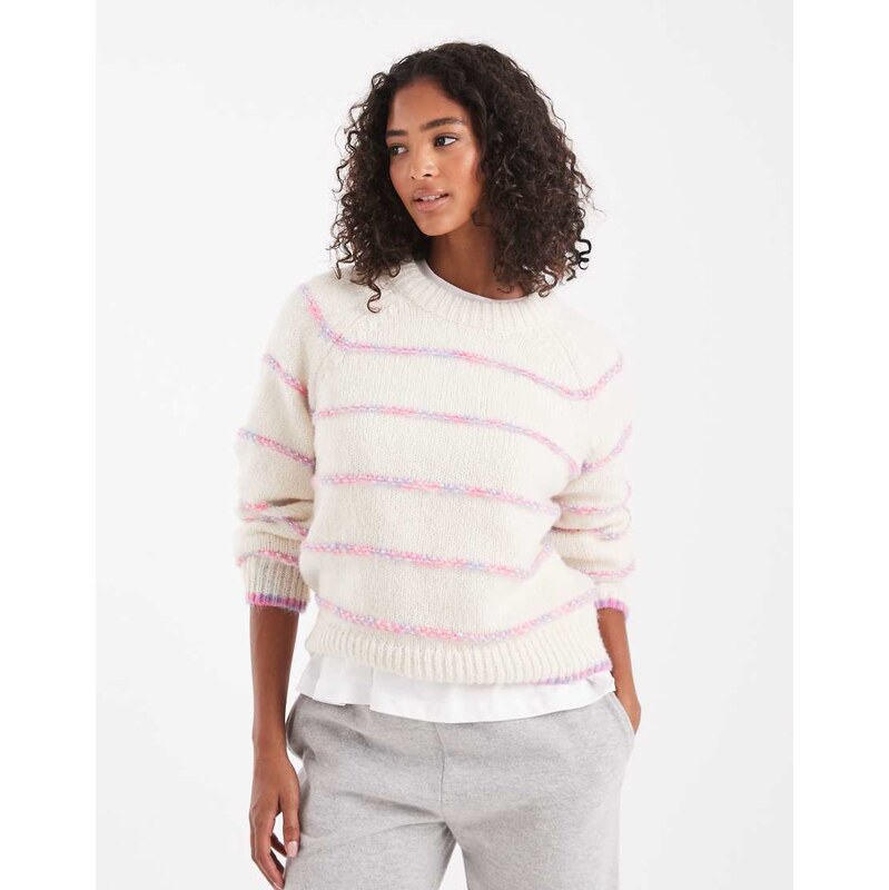 Pieces knitted jumper with pastel stripe detail in cream-White