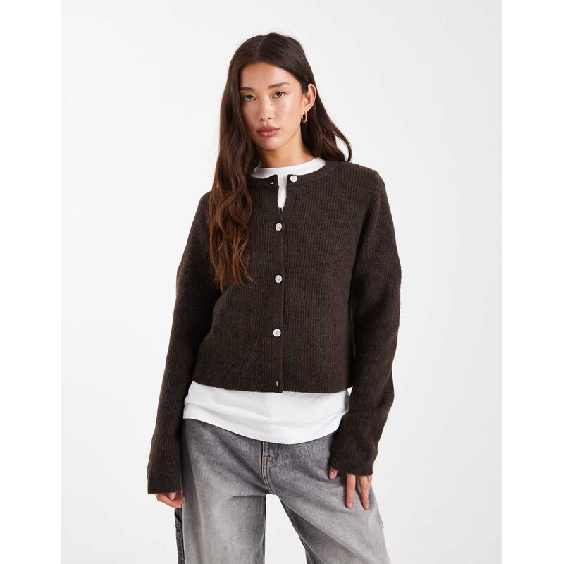 Pieces soft knit long sleeve cardigan in chocolate brown