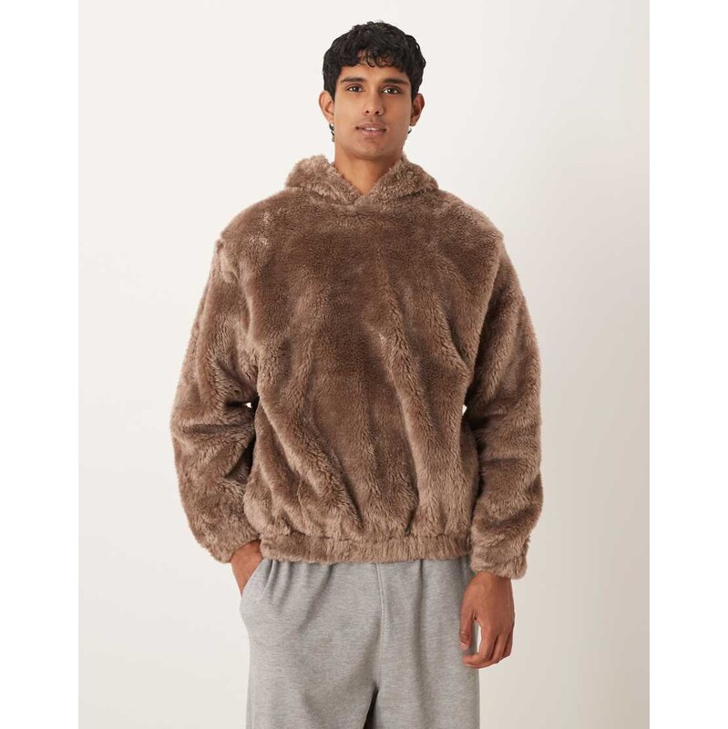 ASOS DESIGN relaxed faux fur hoodie in brown - BROWN