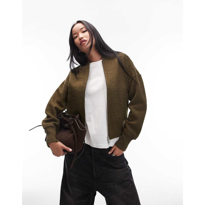ARKET wool rich bomber jacket with zip front in khaki-Green 108517622