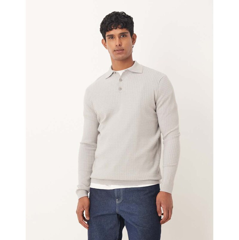 ASOS DESIGN textured knitted polo in grey