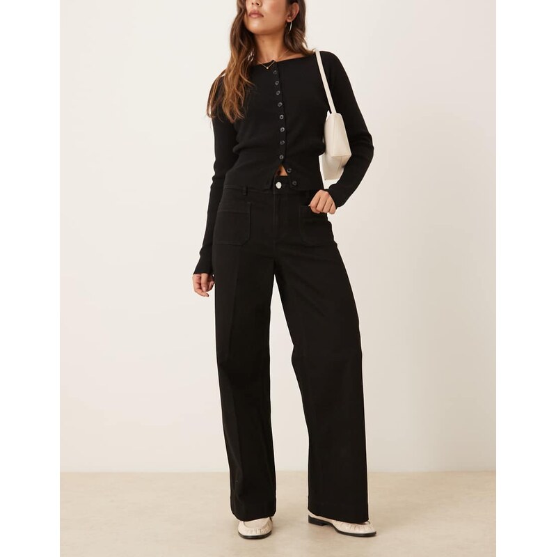 Mango Jessie 100% cotton pocket detail wide leg jean in black