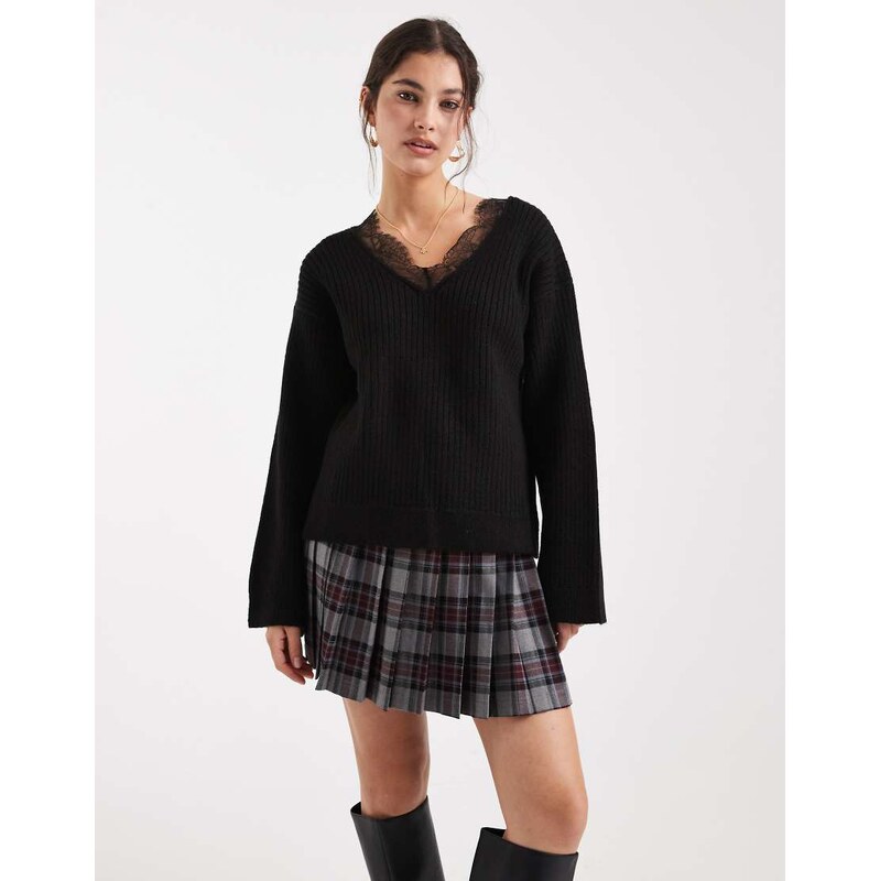 ASOS DESIGN deep v neck knitted jumper with lace trims in black 108517686