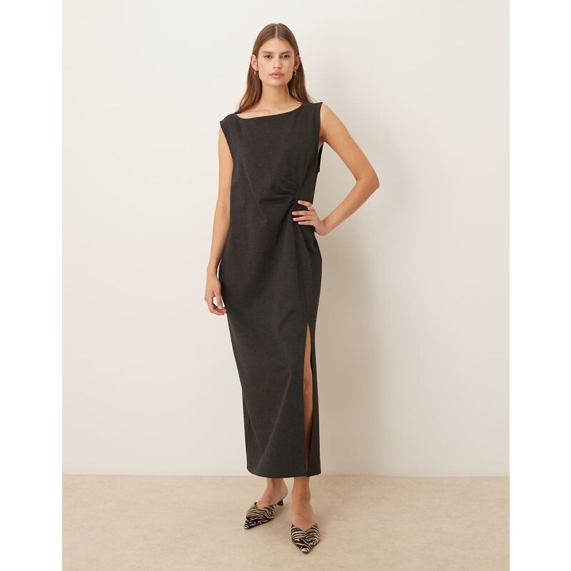 Mango boat neck sleeveless midi dress with slit in charcoal-Grey 108517690