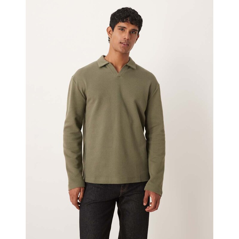 ASOS DESIGN relaxed long sleeve polo in khaki waffle-Green