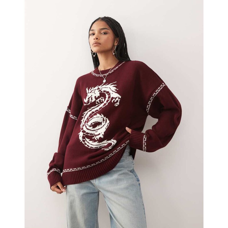 COLLUSION unisex knitted jumper with dragon graphic in burgundy
