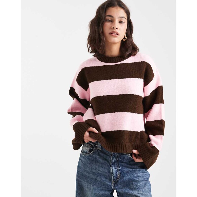 ASOS DESIGN boxy fit knitted jumper in wide stripe in brown and pink 108517715
