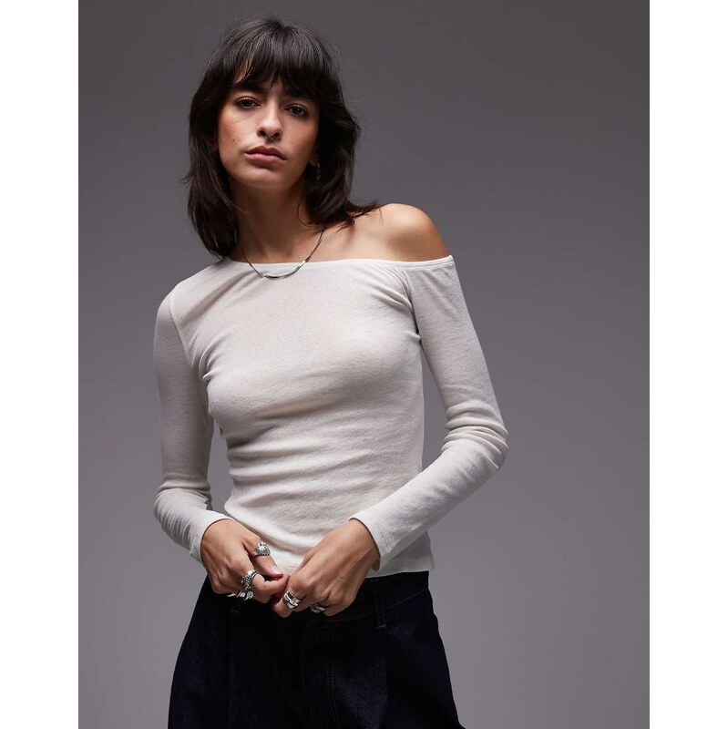ASOS DESIGN sheer asymmetric second skin top in ivory-White