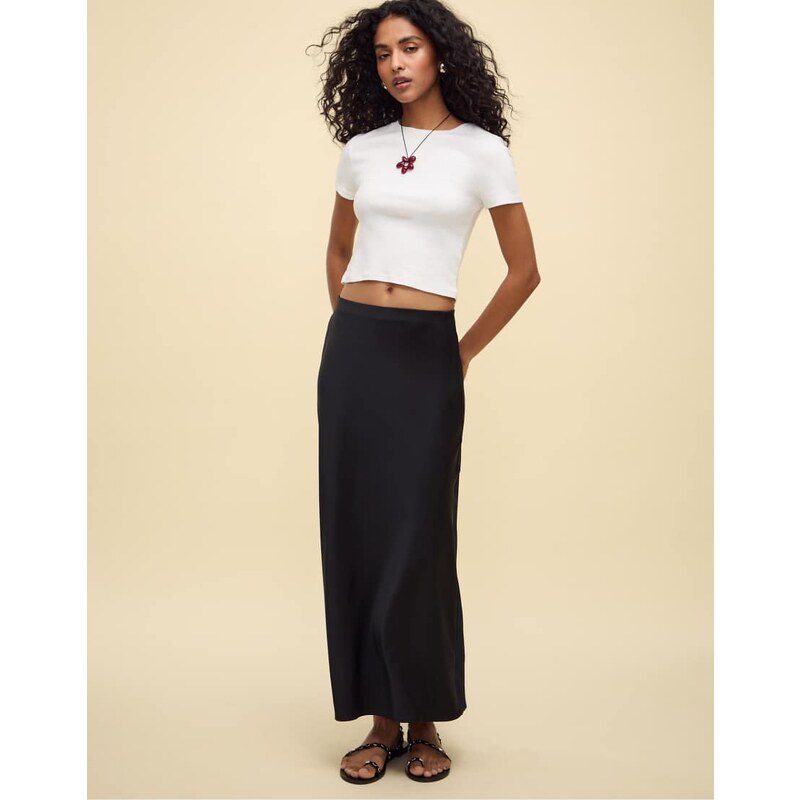 Stradivarius Satin midi skirt in black