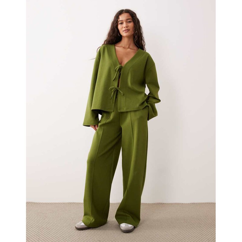 ASOS DESIGN co-ord interlock wide leg trouser in green 108517763