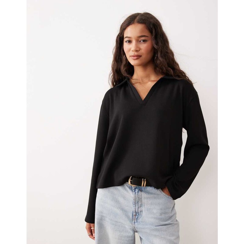 ASOS DESIGN knit long sleeve rugby collar top in black 108517768