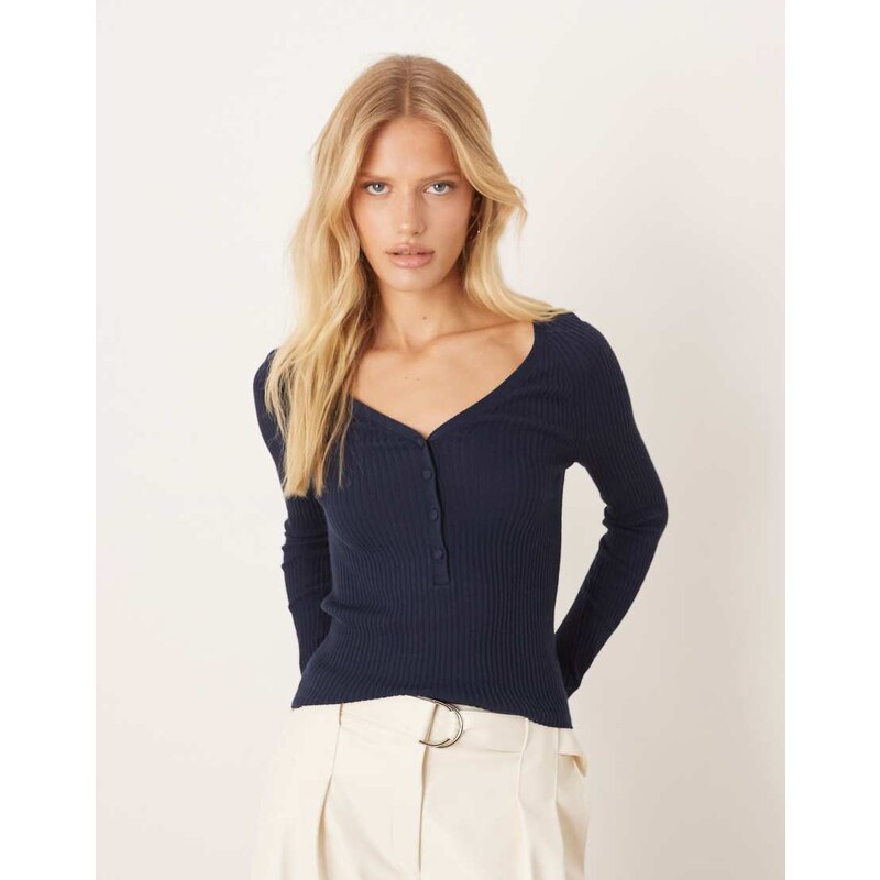 Mango cotton mix button down v neck light knitted top in navy 108517849