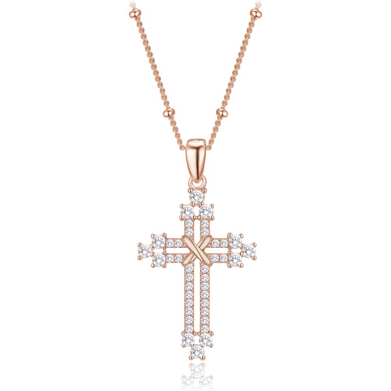 MINET Rose gold stříbrný náhrdelník křížek se zirkony a řetízek