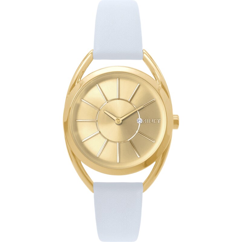 MINET Zlaté dámské hodinky ICON GOLD s bílým koženým řemínkem