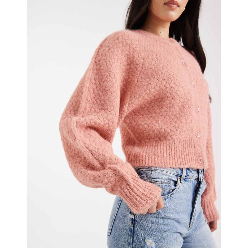 ASOS DESIGN crew neck cardigan with stitch detail in light pink