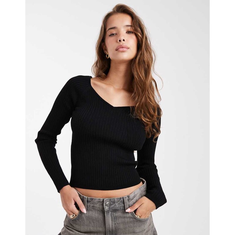 ASOS DESIGN knitted structured v neck top in black 108520622