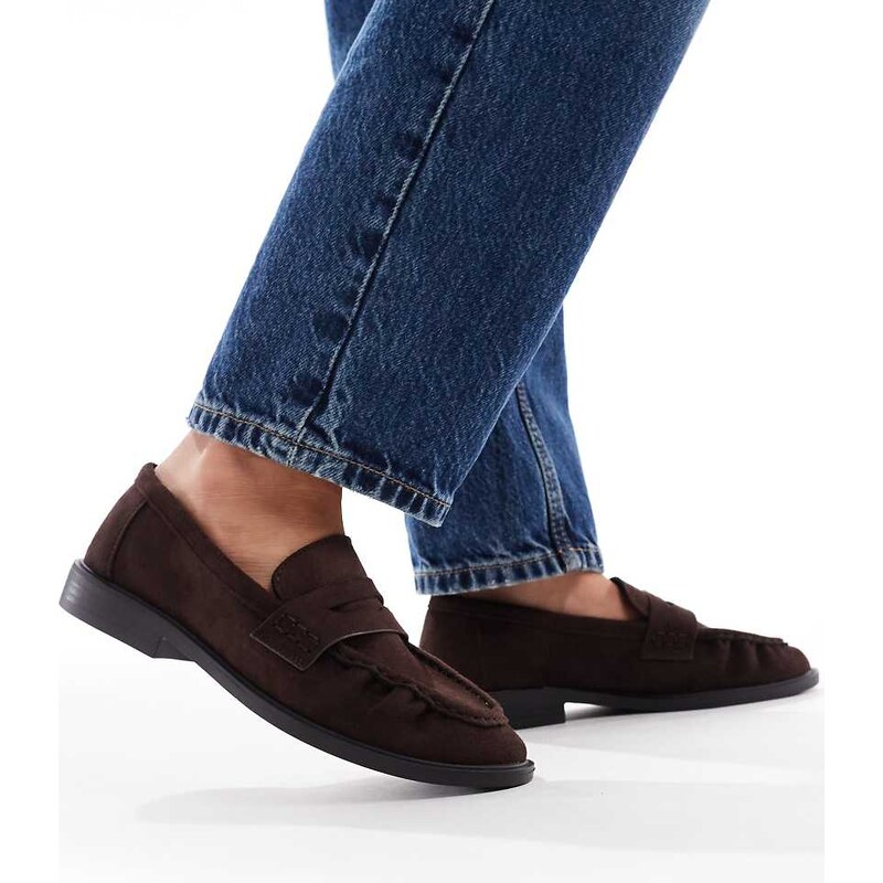 SEQWL Wide Fit Hershe ruched loafers in suedette chocolate-Brown