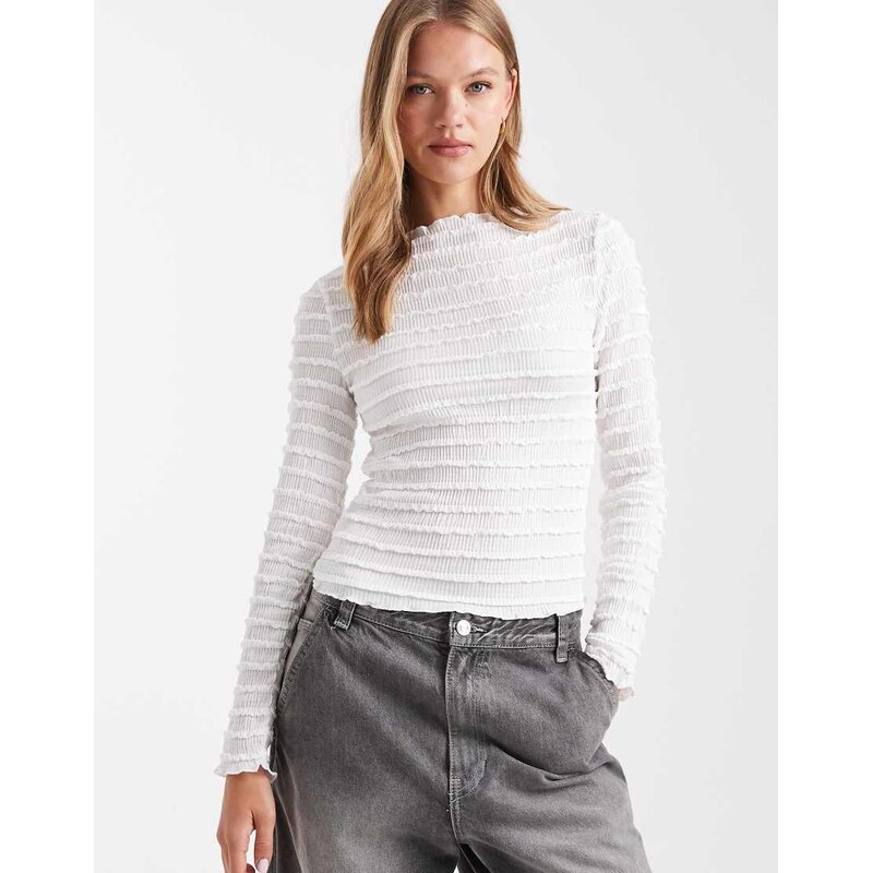 Pieces bubble textured long sleeve jersey top in white 108520873