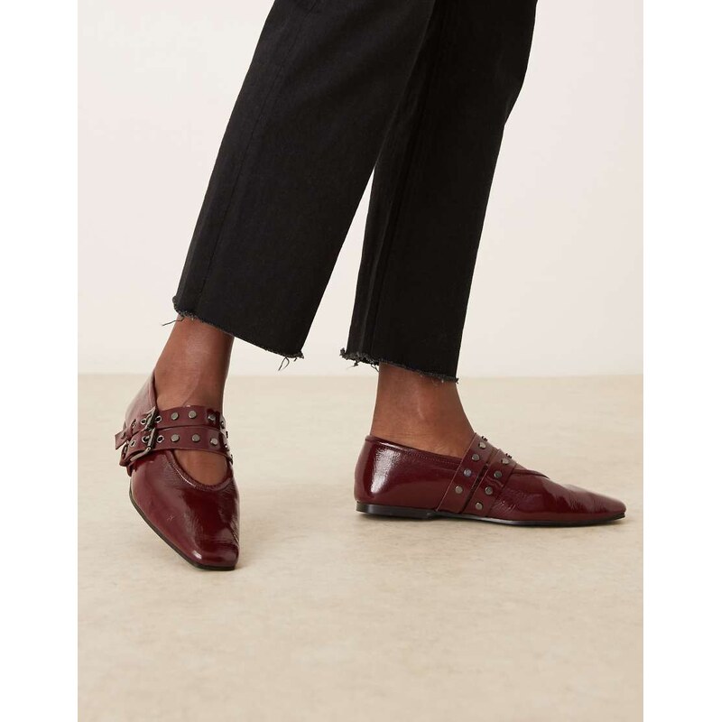 ASOS DESIGN Lava premium chisel toe mary jane ballets in red leather 114927496