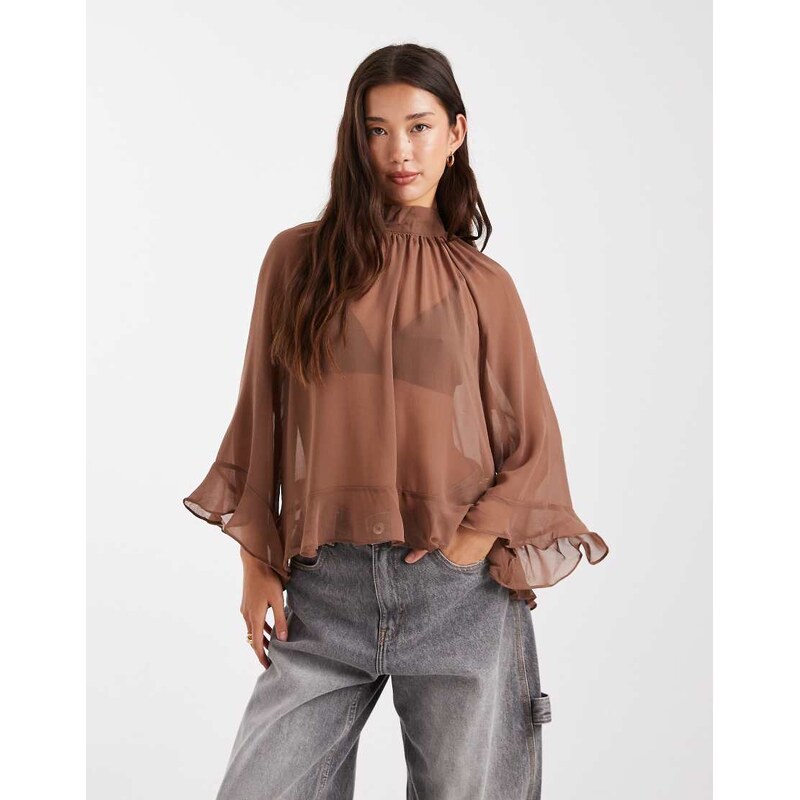 New Look ruffle chiffon blouse in brown 110919046