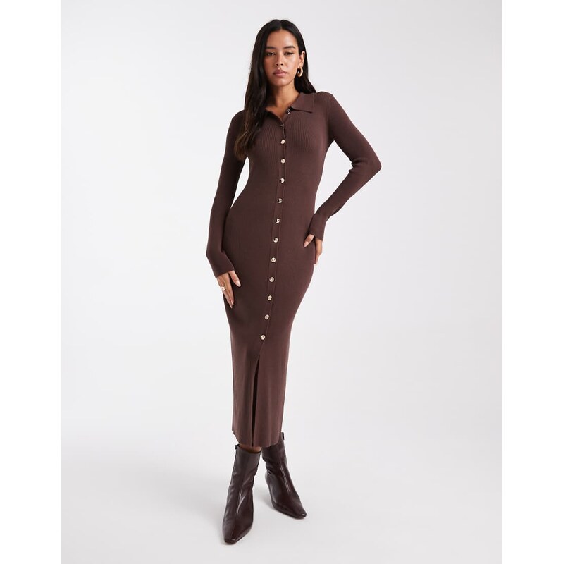 4th & Reckless ribbed knit gold button through collared maxi dress in 113297129