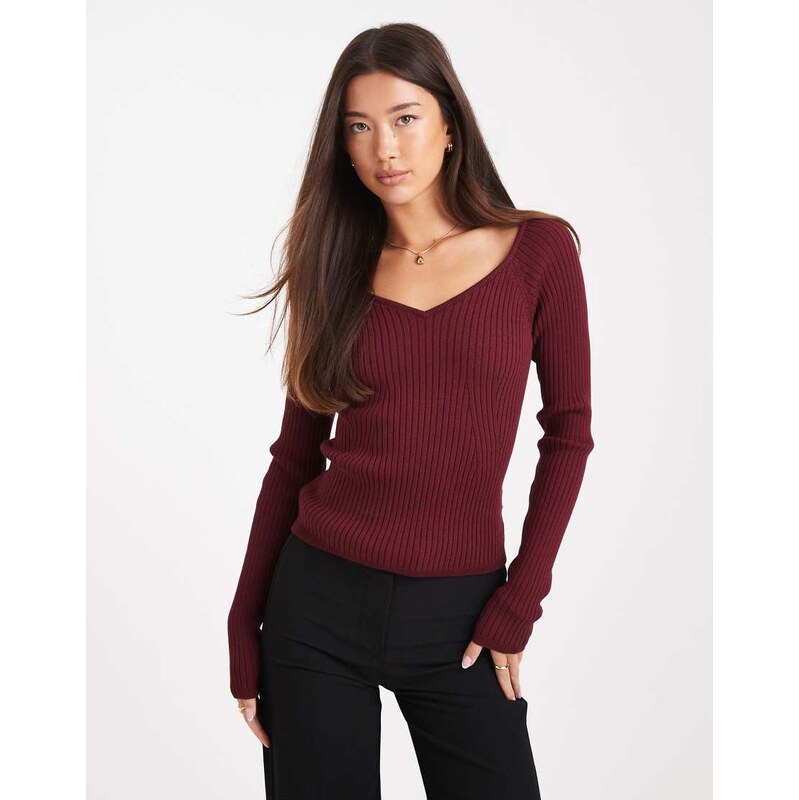 ASOS DESIGN knitted structured v neck top in burgundy 115585006