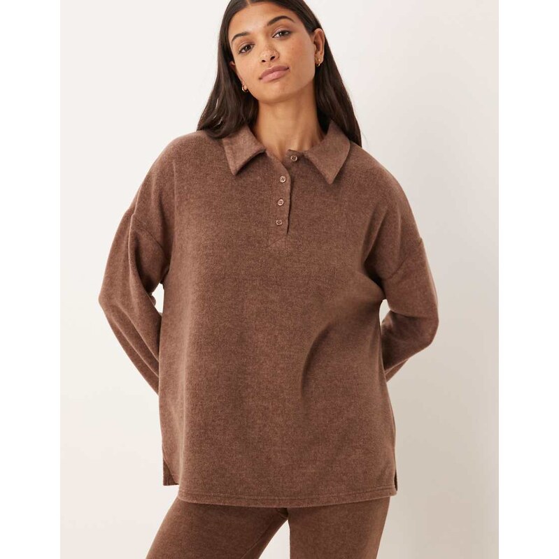 ASOS DESIGN mix & match lightweight fleece collared sweater in chocolate brown