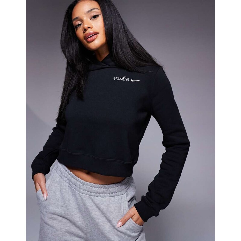 Nike embroidered logo cropped hoodie in black