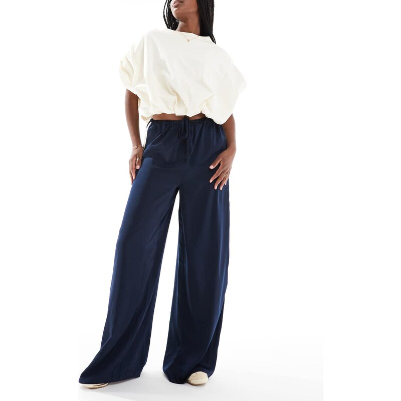 Wednesdays Girl satin wide leg side stripe trousers in navy