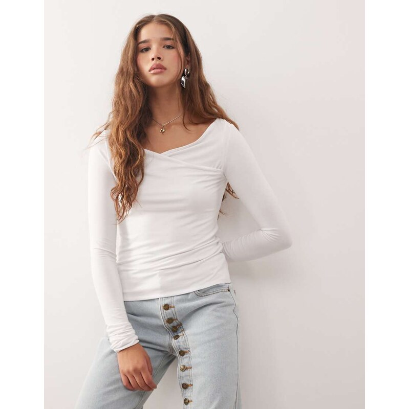 Weekday slim fit long sleeve wrap top in white 108536240