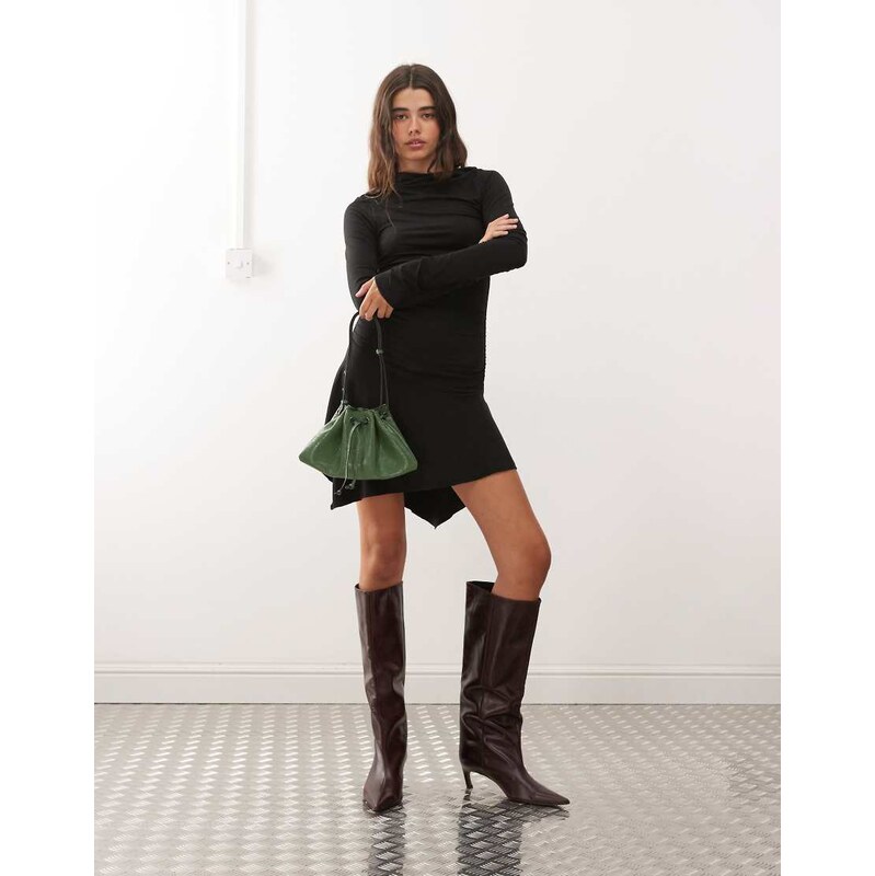 Weekday asymmetric shoulder long sleeve mini dress in black