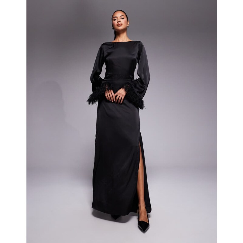 TFNC long sleeve maxi dress with faux feather cuffs in black