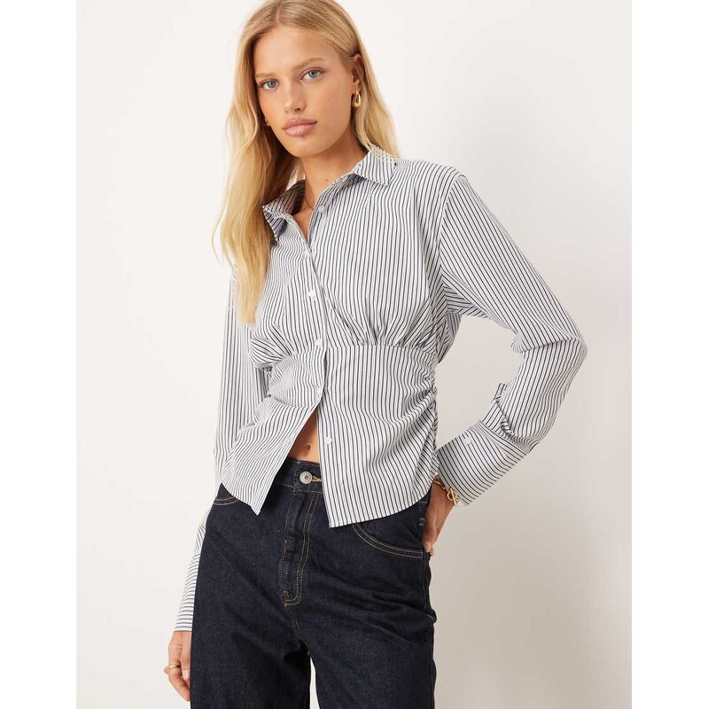 ASOS DESIGN fitted ruched shirt in black stripe-Multi 115718879