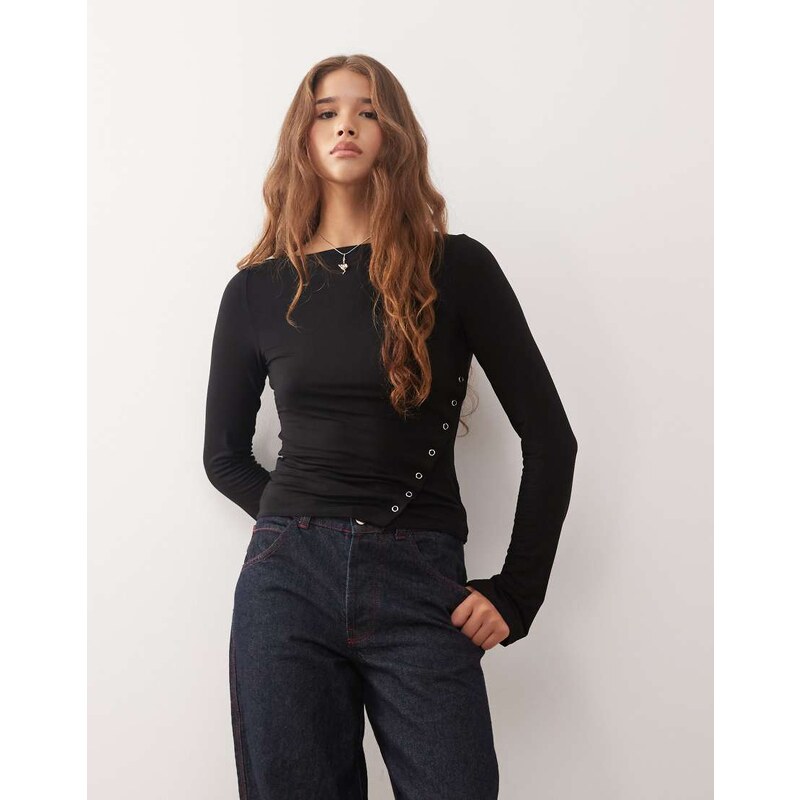 Weekday boat neck long sleeve top with eyelet split hem detail