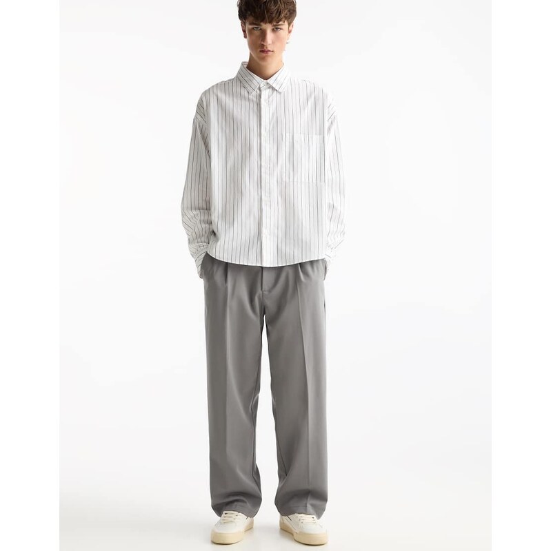 Pull&Bear tailored fit wide leg trousers in grey