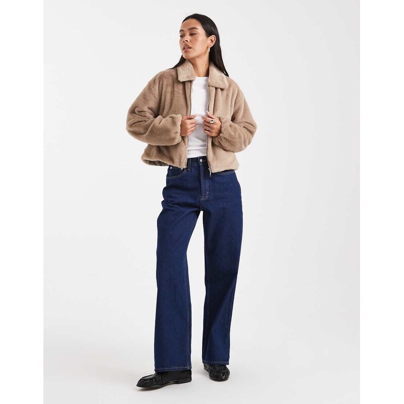 ONLY zip through faux fur jacket in beige-Neutral