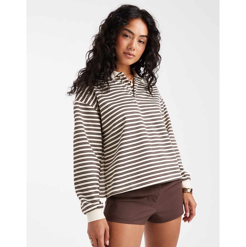 Brave Soul long sleeve rugby top in cream and brown stripe