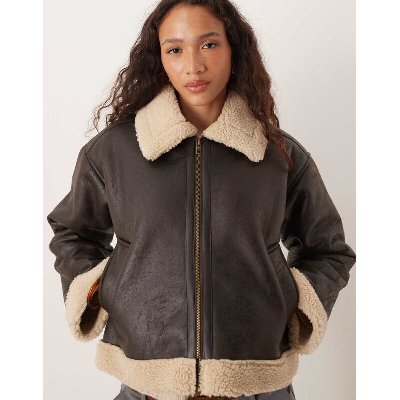 JJXX faux leather biker jacket in brown vintage 108736126